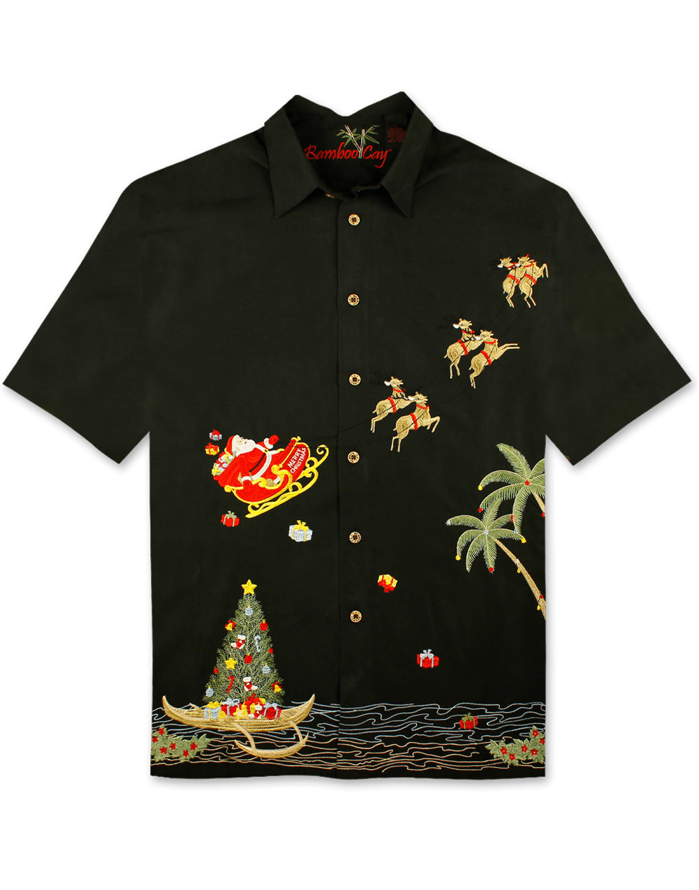 Magical Christmas Embroidered Christmas Aloha Shirt by Bamboo Cay - Black
