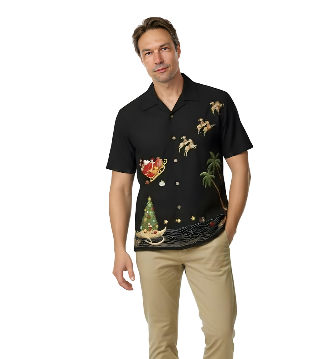 Magical Christmas Embroidered Christmas Aloha Shirt by Bamboo Cay - Black