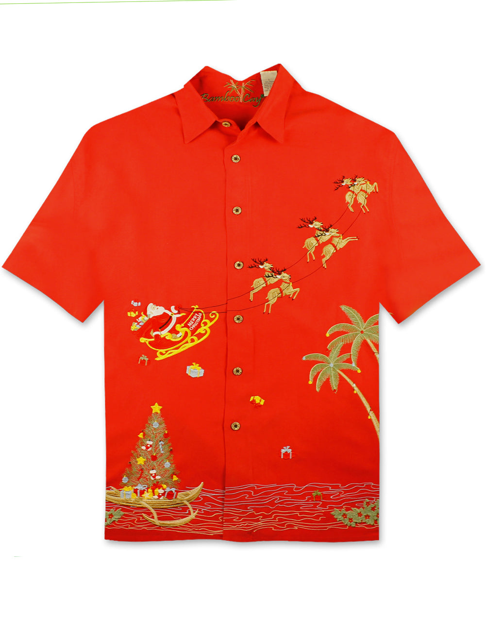 Magical Christmas Embroidered Christmas Aloha Shirt by Bamboo Cay - Tomato