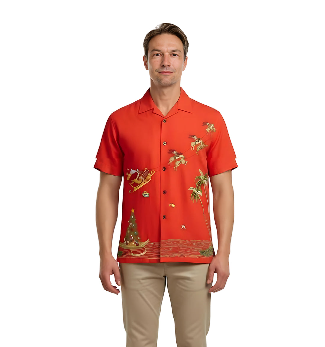 Magical Christmas Embroidered Christmas Aloha Shirt by Bamboo Cay - Tomato