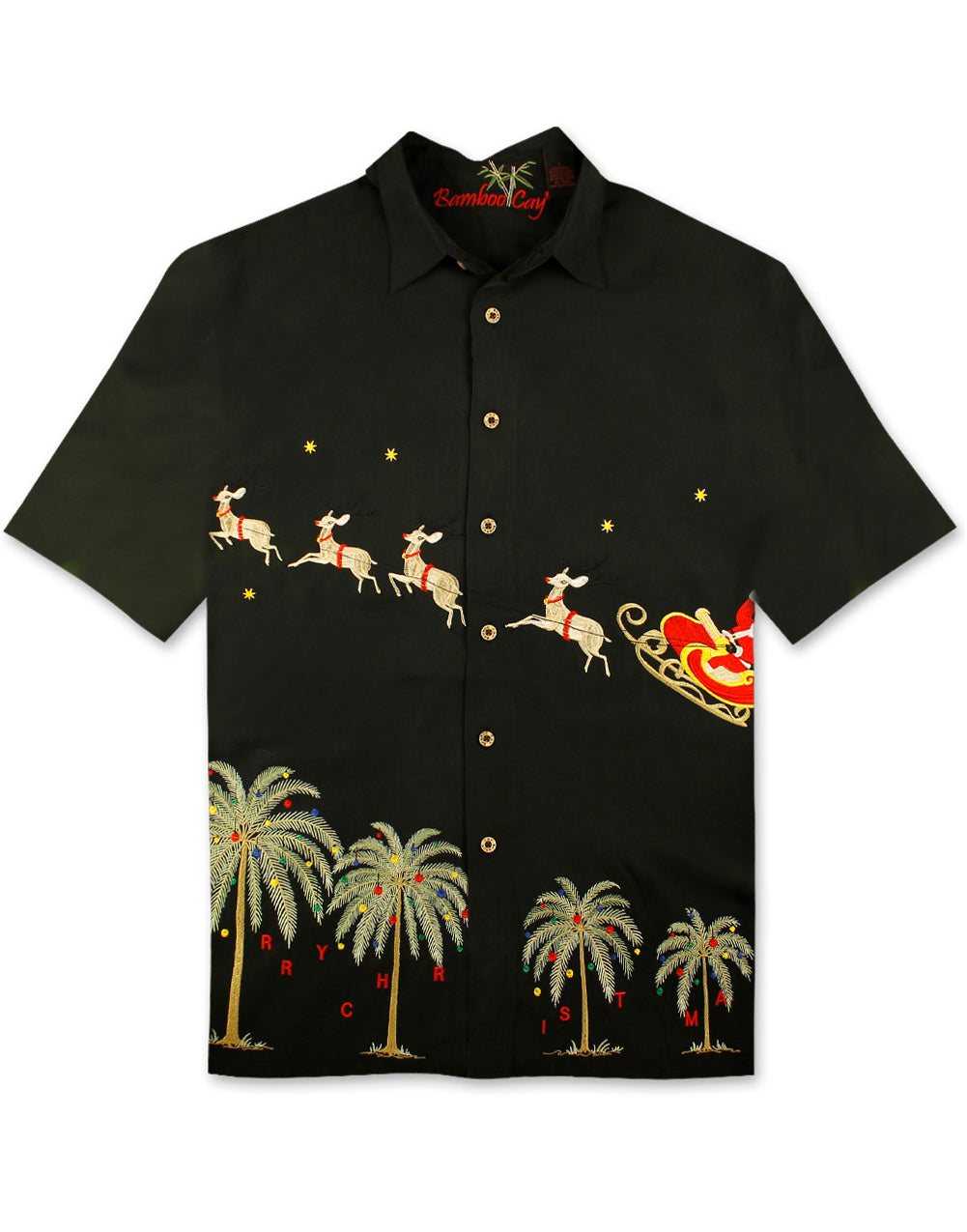 Flying Santa Embroidered Christmas Aloha Shirt by Bamboo Cay - Black