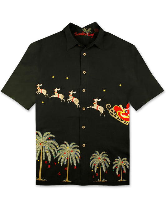 Flying Santa Embroidered Christmas Aloha Shirt by Bamboo Cay - Black