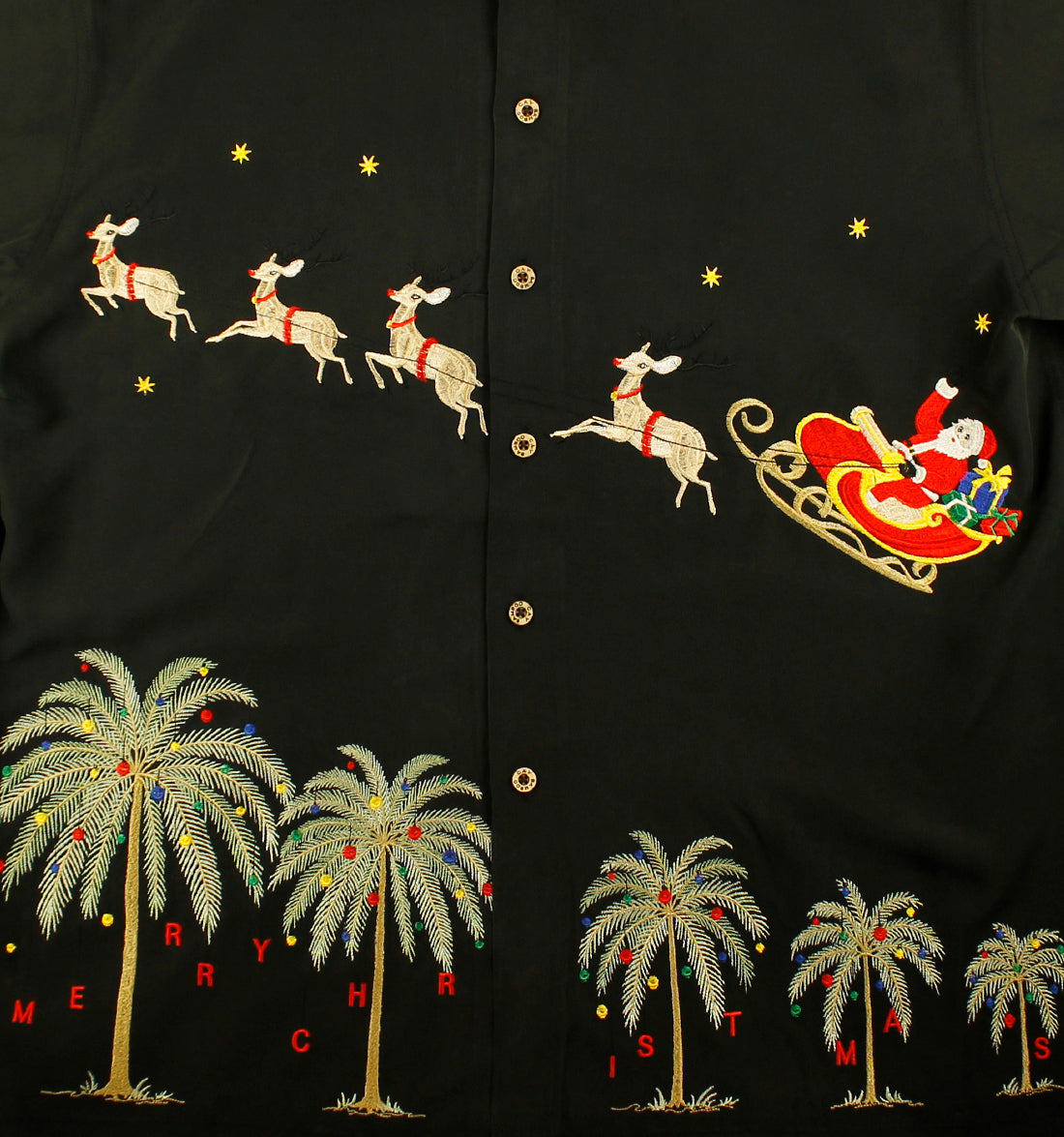 Flying Santa Embroidered Christmas Aloha Shirt by Bamboo Cay - Black