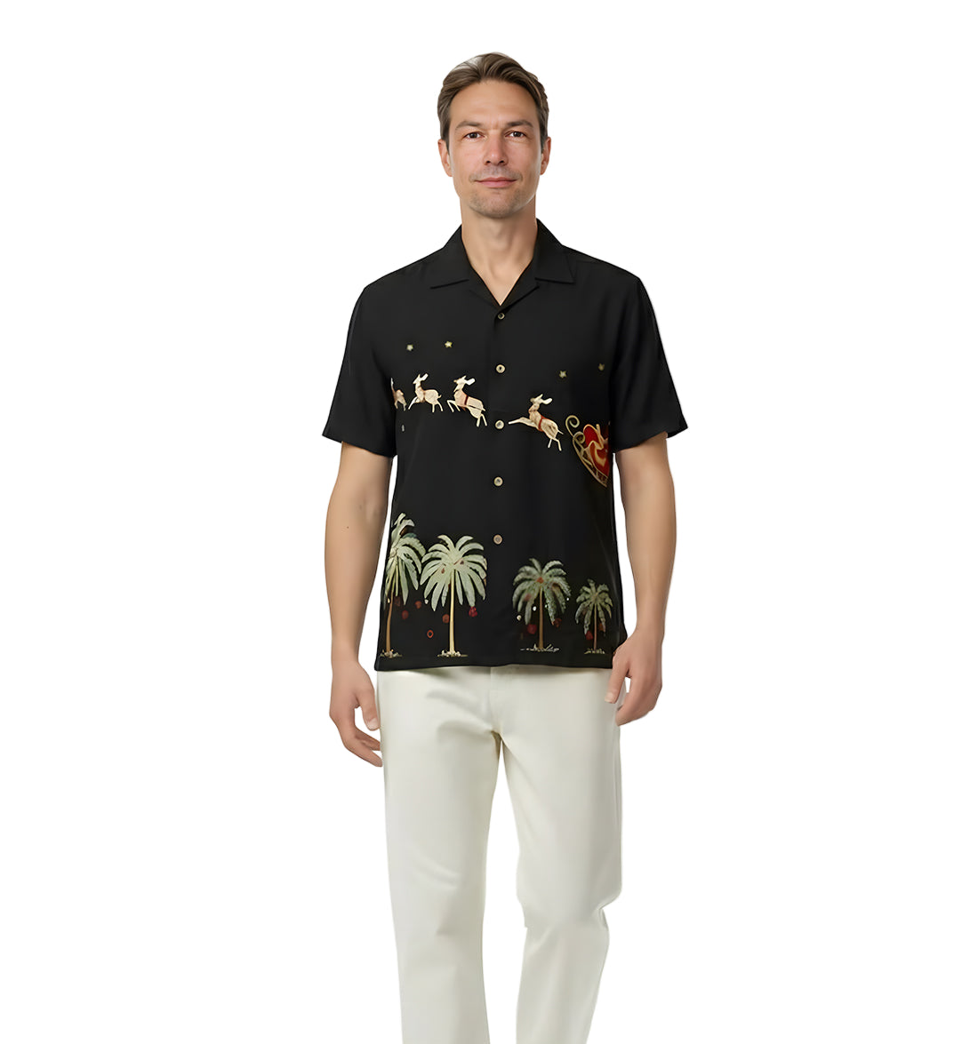 Flying Santa Embroidered Christmas Aloha Shirt by Bamboo Cay - Black
