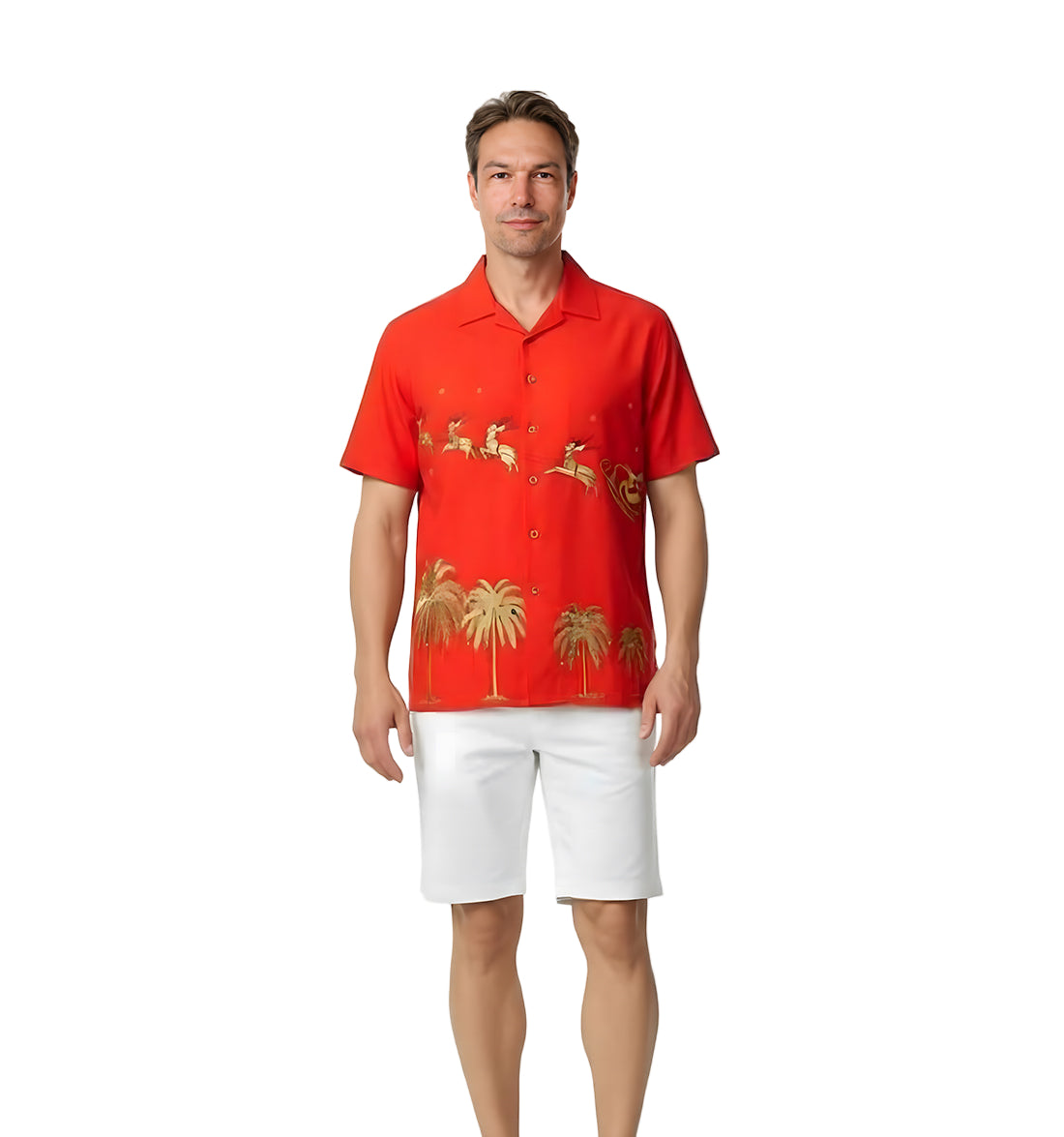 Flying Santa Embroidered Christmas Aloha Shirt by Bamboo Cay - Tomato