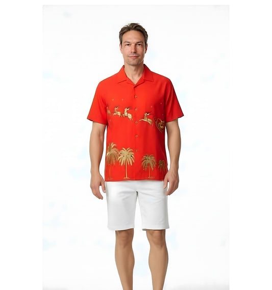 Flying Santa Christmas Embroidered Christmas Aloha Shirt by Bamboo Cay - Tomato