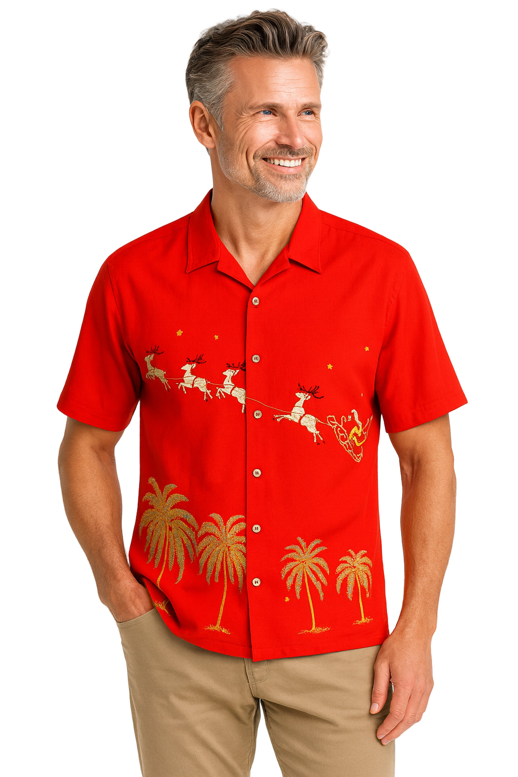 Flying Santa Embroidered Christmas Aloha Shirt by Bamboo Cay - Tomato