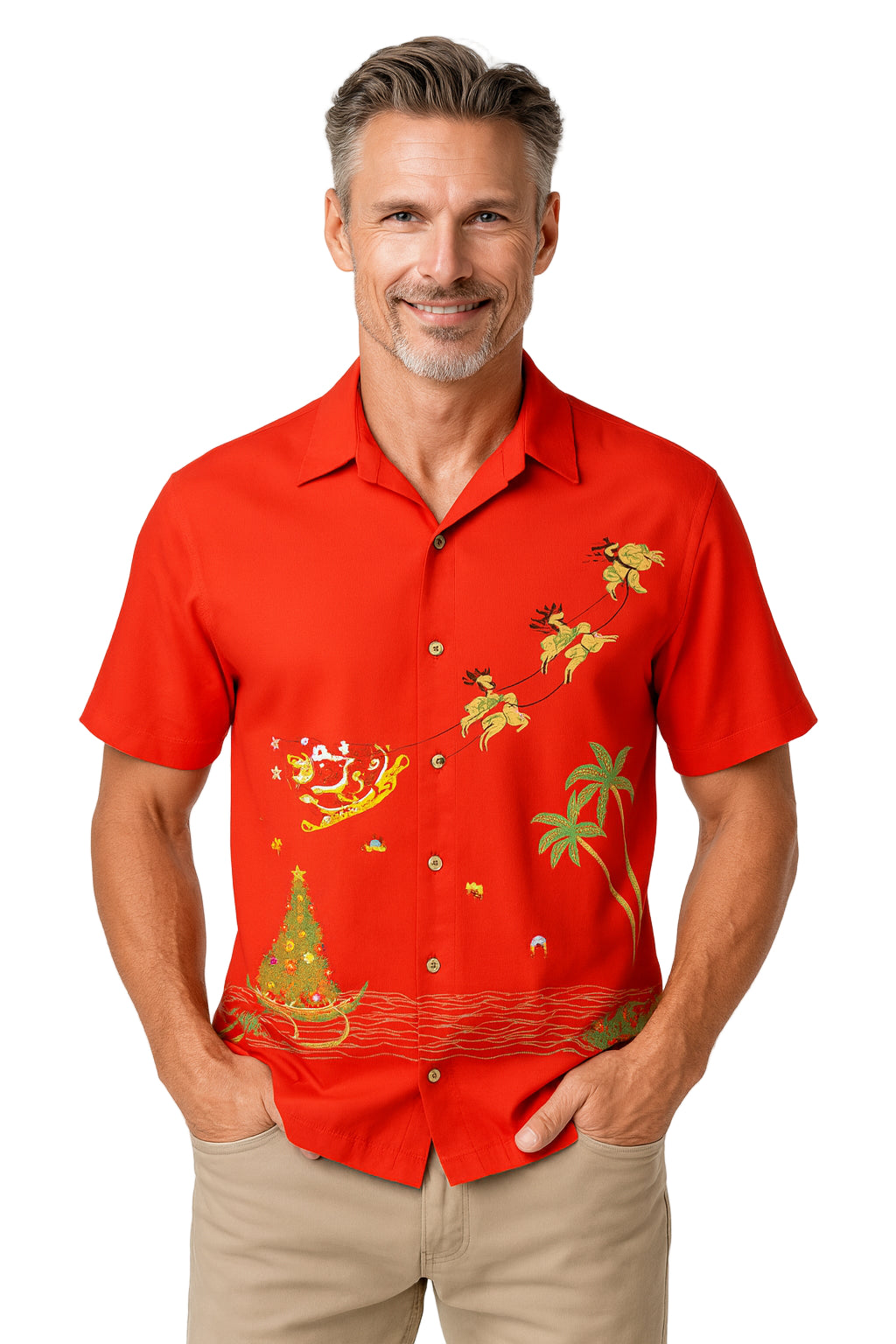 Magical Christmas Embroidered Christmas Aloha Shirt by Bamboo Cay - Tomato