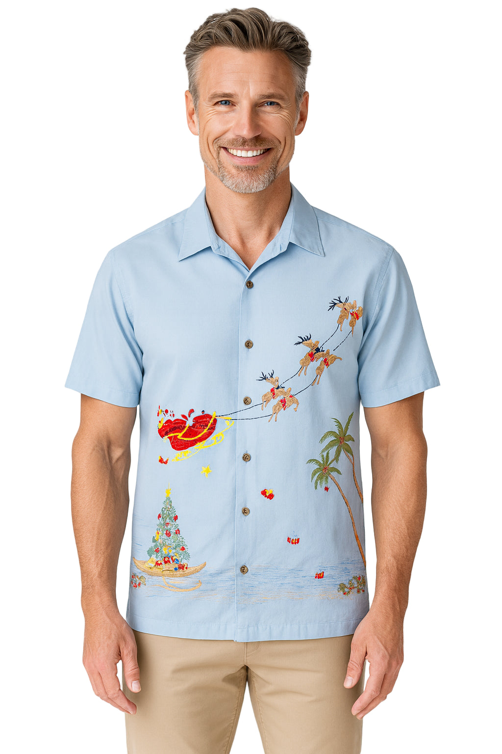 Magical Christmas Embroidered Christmas Aloha Shirt by Bamboo Cay - Chalk Blue
