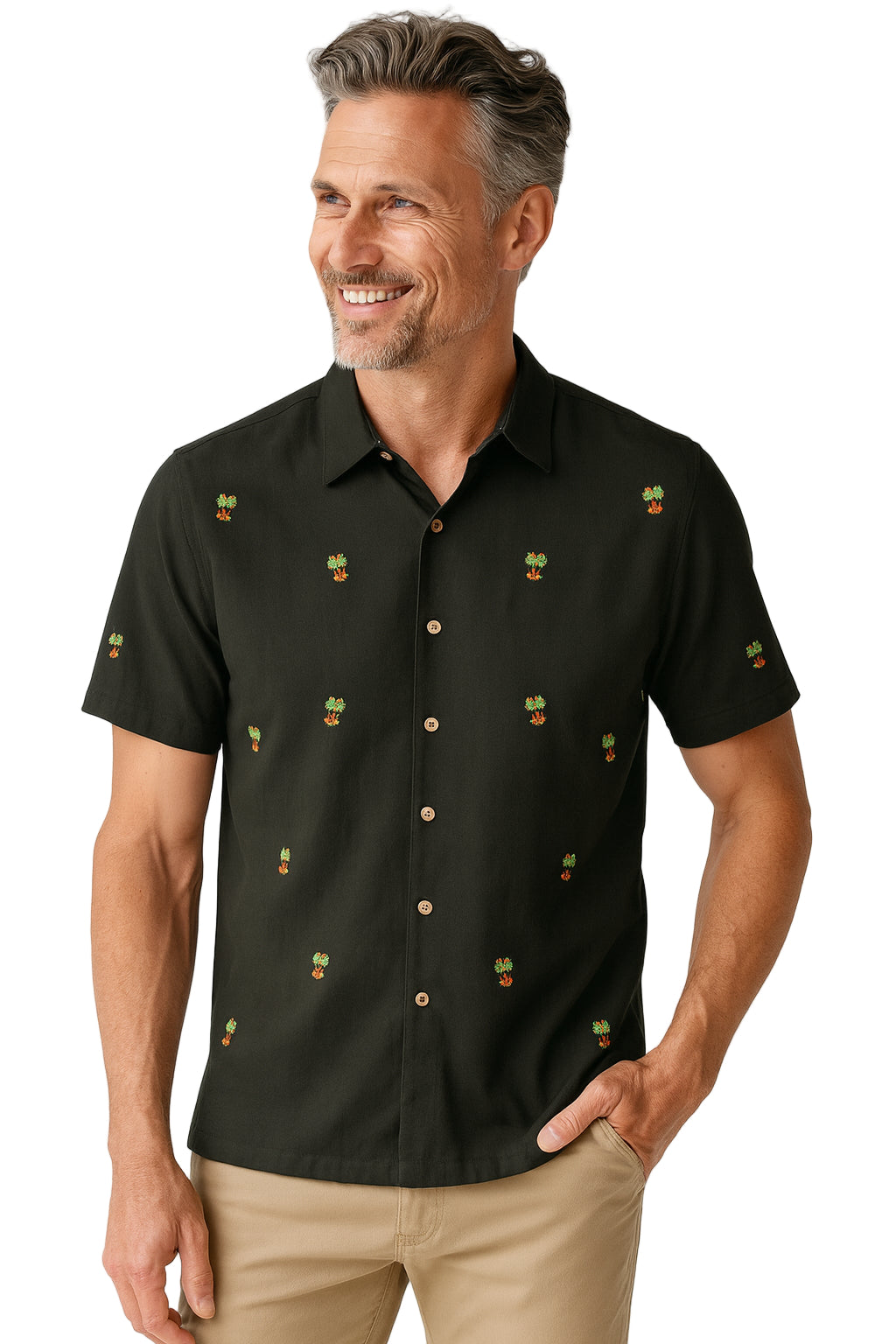Oh Christmas Tree - Embroidered Christmas Aloha Shirt by Bamboo Cay - Black