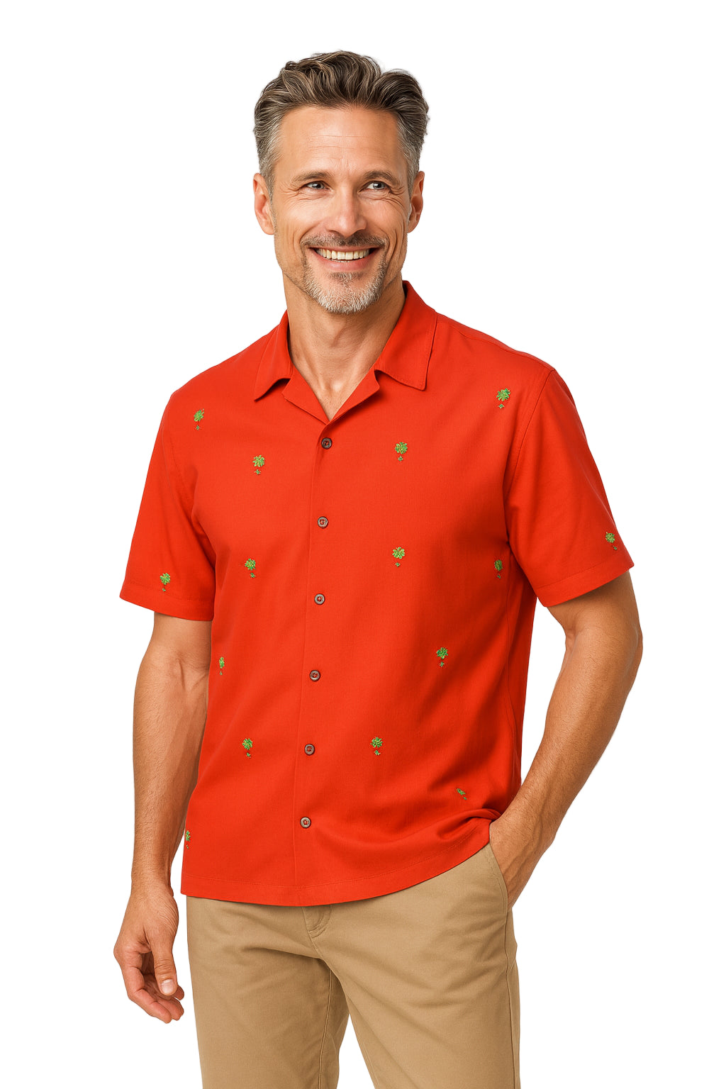 Oh Christmas Tree - Embroidered Christmas Aloha Shirt by Bamboo Cay - Tomato