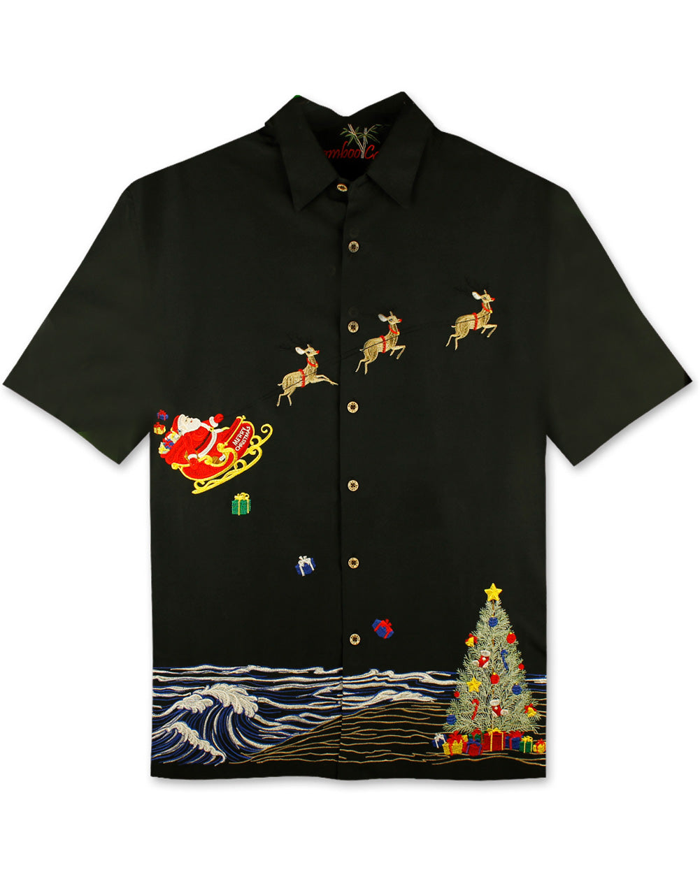 Coastal Christmas Embroidered Christmas Aloha Shirt by Bamboo Cay - Black