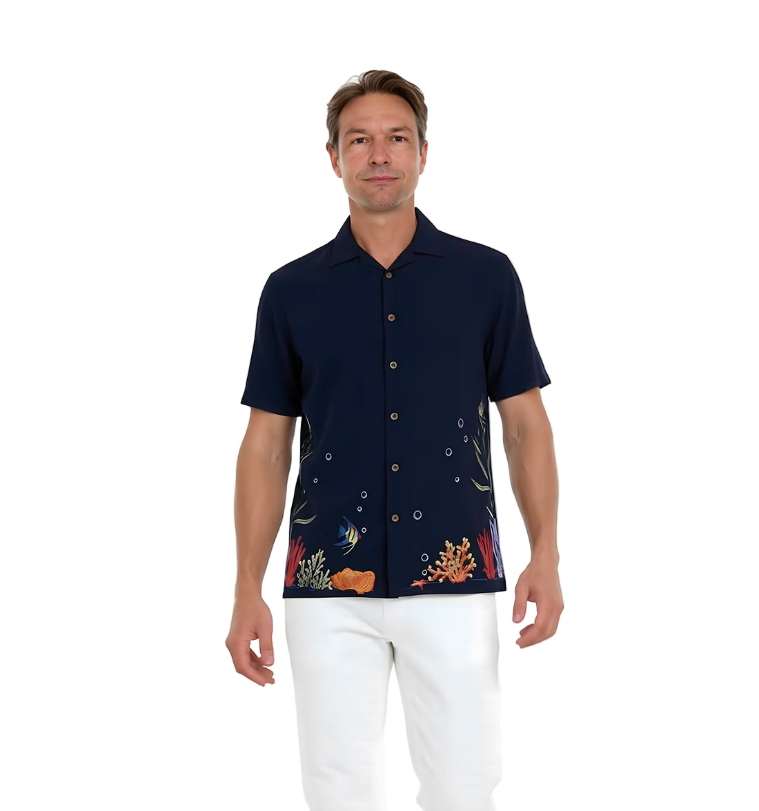 Coral Harmony Embroidered Polynosic Camp Shirt by Bamboo Cay