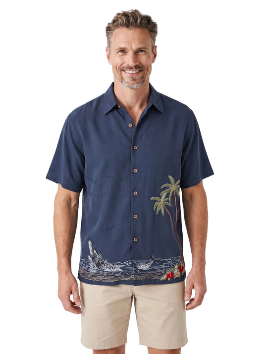 Whale Freedom Embroidered Polynosic Camp Shirt by Bamboo Cay