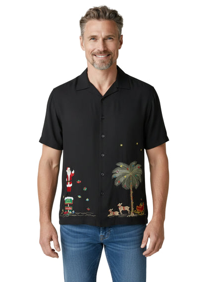 Merry Christmas Embroidered Christmas Aloha Shirt by Bamboo Cay - Black