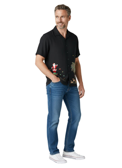 Merry Christmas Embroidered Christmas Aloha Shirt by Bamboo Cay - Black