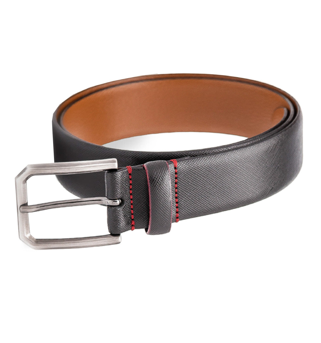 Italian Cross Hatch Contrast Stitch Leather Belt by Emilio Scotti - Black/Red