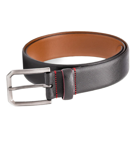 Italian Cross Hatch Contrast Stitch Leather Belt by Emilio Scotti - Black/Red
