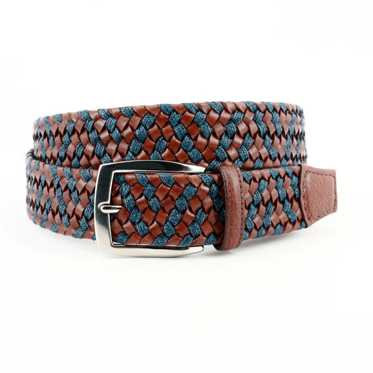 Italian Braided Leather and Linen Belt by Torino - Cognac/Navy