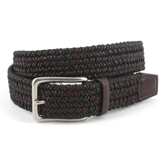 Italian Woven Cotton and Leather Stretch Belt by Torino - Black/Brown