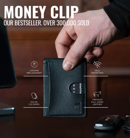 Premium Leather Money Clip Wallet by King's Loot - Midnight Black