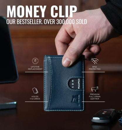 Premium Leather Money Clip Wallet by Kings Loot - Executive Blue
