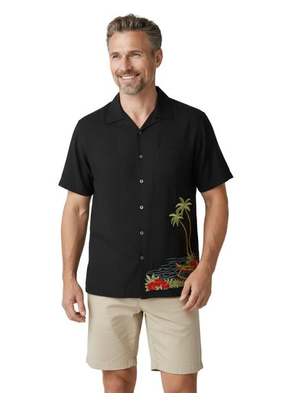 Dancing Hula Embroidered Polynosic Camp Shirt by Bamboo Cay