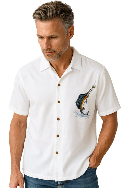 Hooked On Palm Embroidered Polynosic Camp Shirt by Bamboo Cay