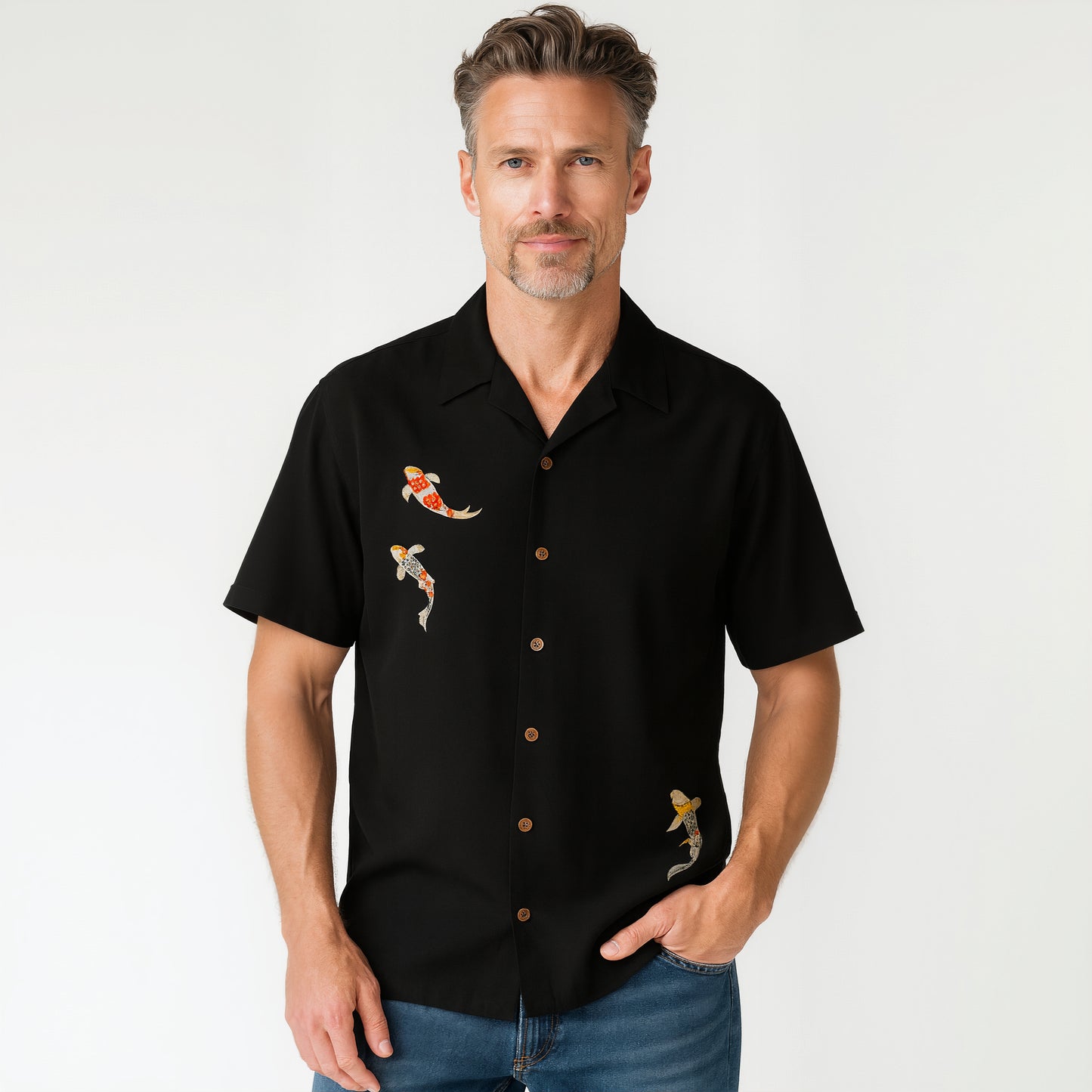 Charming Koi Embroidered Polynosic Camp Shirt by Bamboo Cay