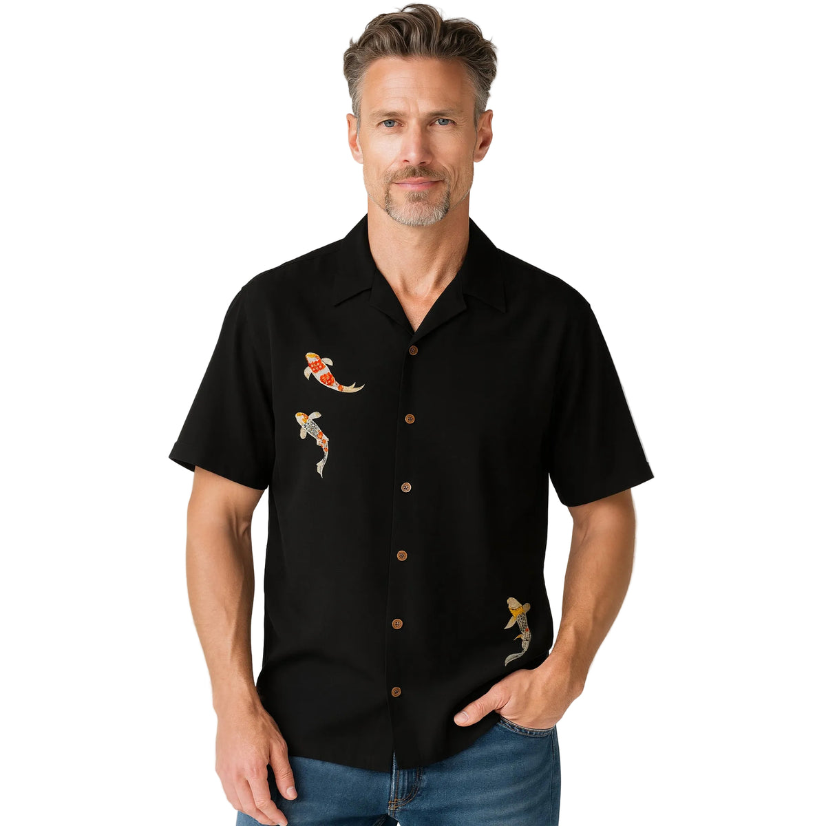 Charming Koi Embroidered Polynosic Camp Shirt by Bamboo Cay