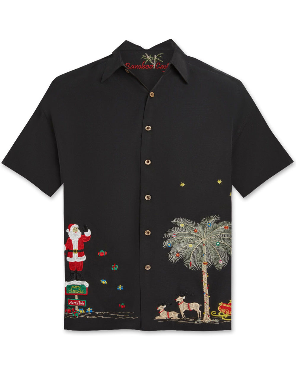 Merry Christmas Embroidered Christmas Aloha Shirt by Bamboo Cay - Black