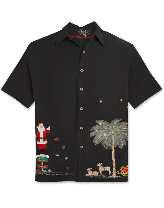 Merry Christmas Embroidered Christmas Aloha Shirt by Bamboo Cay - Black
