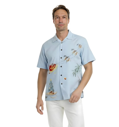 Magical Christmas Embroidered Christmas Aloha Shirt by Bamboo Cay - Chalk Blue