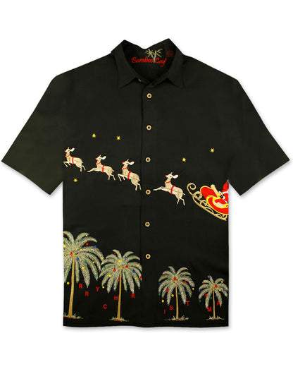 Flying Santa Embroidered Christmas Aloha Shirt by Bamboo Cay - Black