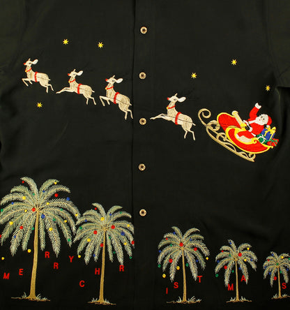Flying Santa Embroidered Christmas Aloha Shirt by Bamboo Cay - Black