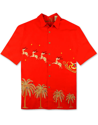 Flying Santa Embroidered Christmas Aloha Shirt by Bamboo Cay - Tomato