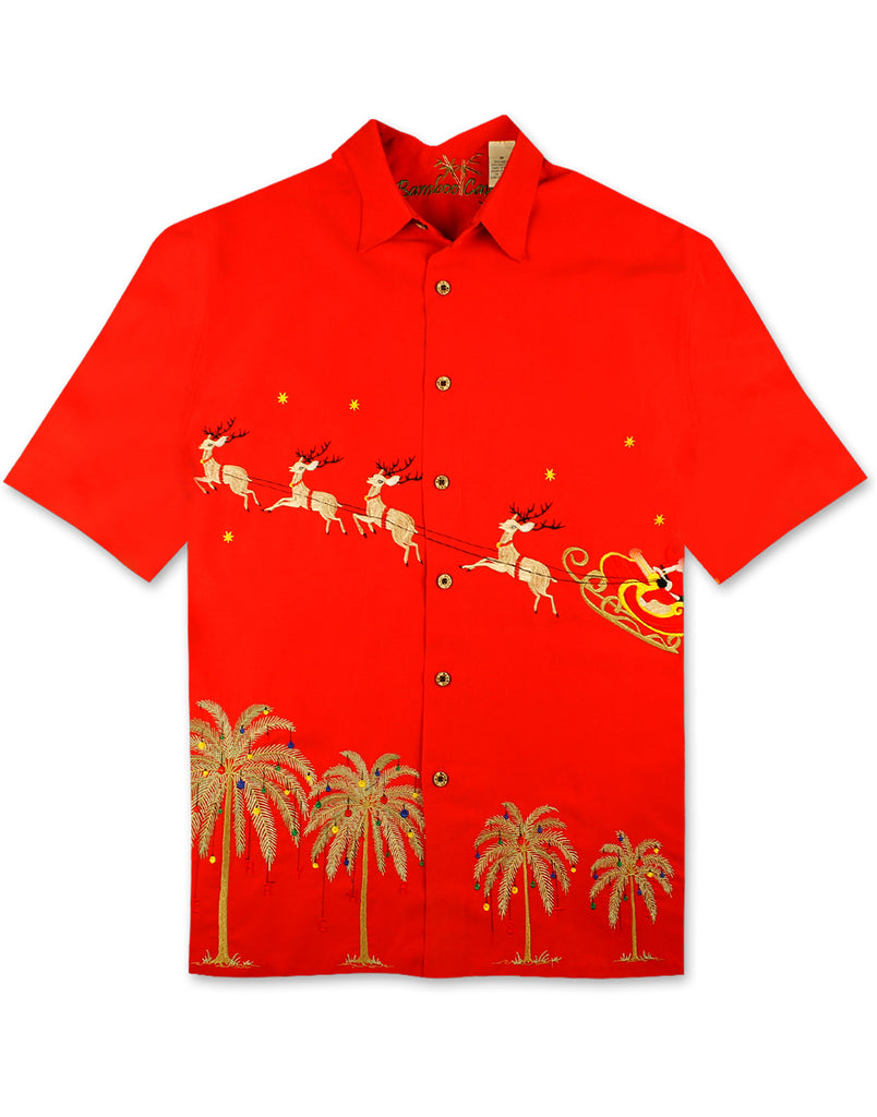 Flying Santa Christmas Embroidered Christmas Aloha Shirt by Bamboo Cay - Tomato