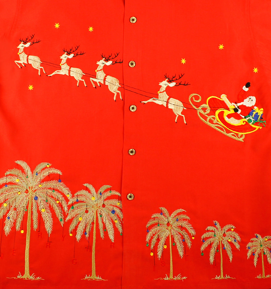 Flying Santa Embroidered Christmas Aloha Shirt by Bamboo Cay - Tomato
