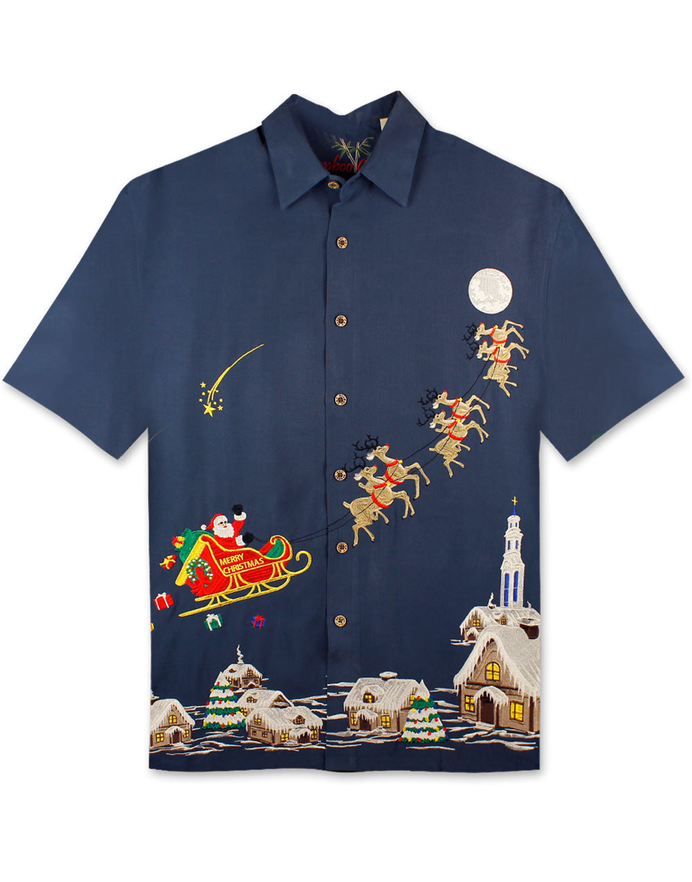 Sleigin' All Night Embroidered Christmas Aloha Shirt by Bamboo Cay - Navy