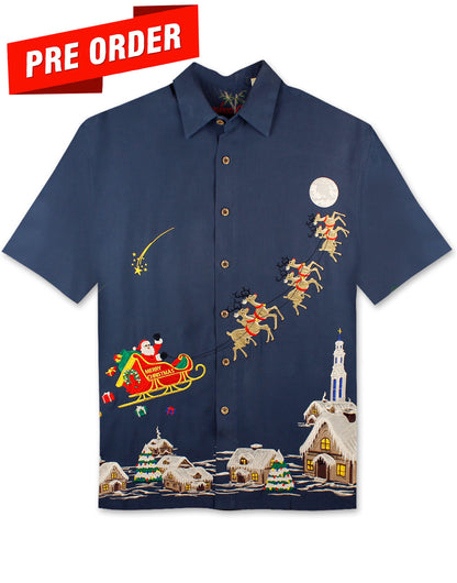 Sleigin' All Night Embroidered Christmas Aloha Shirt by Bamboo Cay - Navy