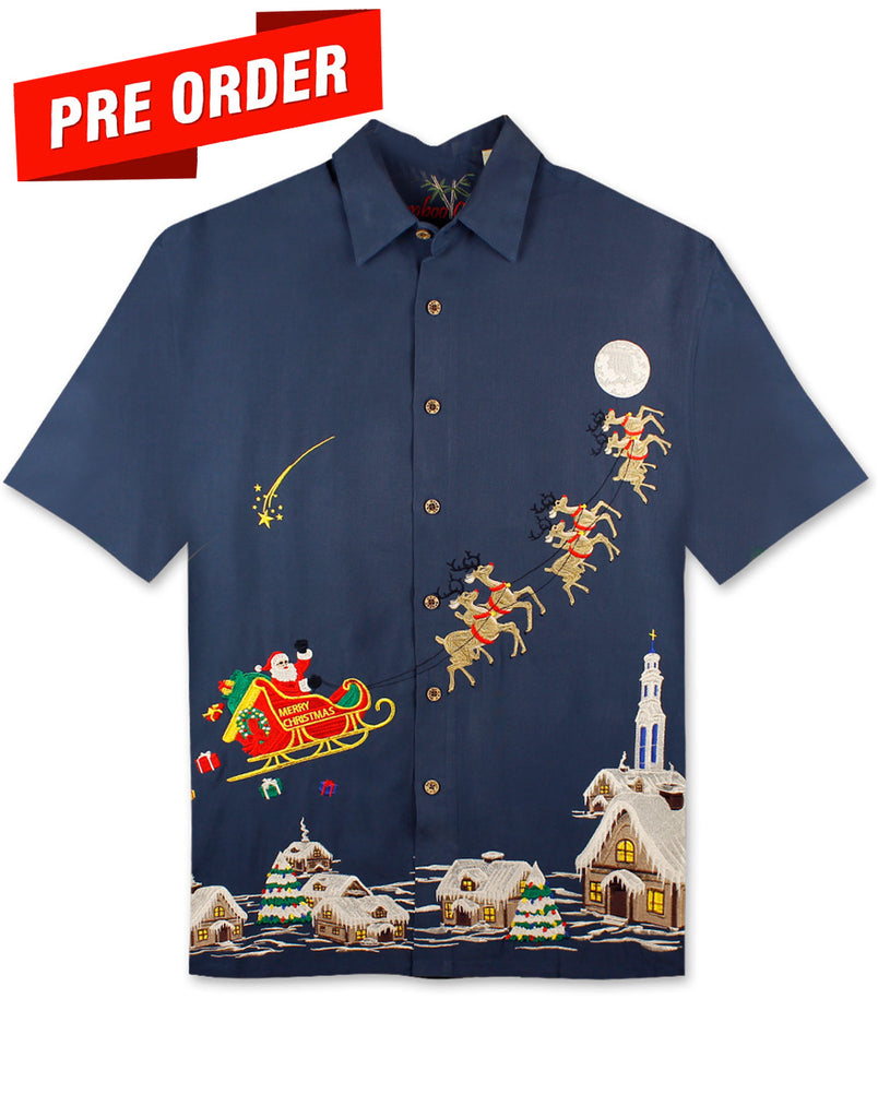 Sleigin' All Night Embroidered Christmas Aloha Shirt by Bamboo Cay - Navy