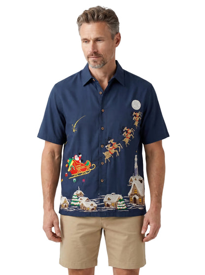Sleigin' All Night Embroidered Christmas Aloha Shirt by Bamboo Cay - Navy