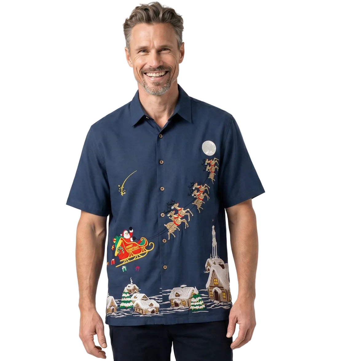 Sleigin' All Night Embroidered Christmas Aloha Shirt by Bamboo Cay - Navy