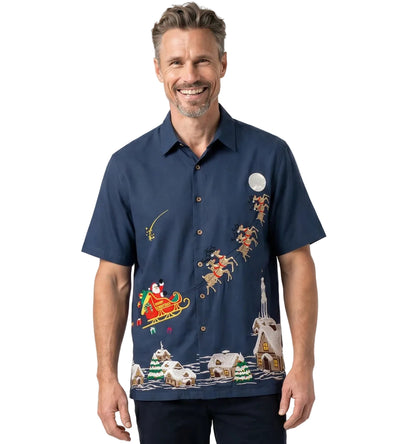 Sleigin' All Night Embroidered Christmas Aloha Shirt by Bamboo Cay - Navy