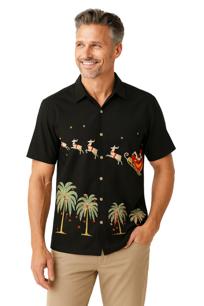 Flying Santa Embroidered Christmas Aloha Shirt by Bamboo Cay - Black