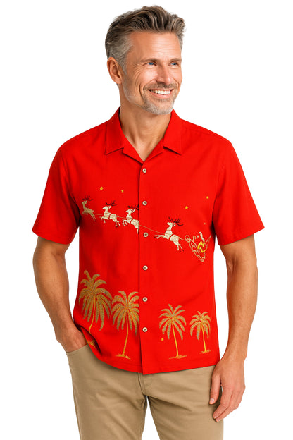 Flying Santa Embroidered Christmas Aloha Shirt by Bamboo Cay - Tomato