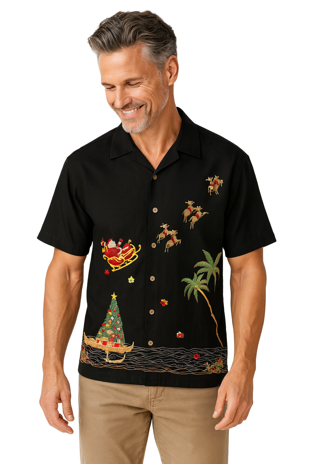 Magical Christmas Embroidered Christmas Aloha Shirt by Bamboo Cay - Black