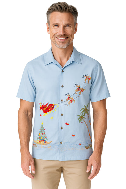 Magical Christmas Embroidered Christmas Aloha Shirt by Bamboo Cay - Chalk Blue