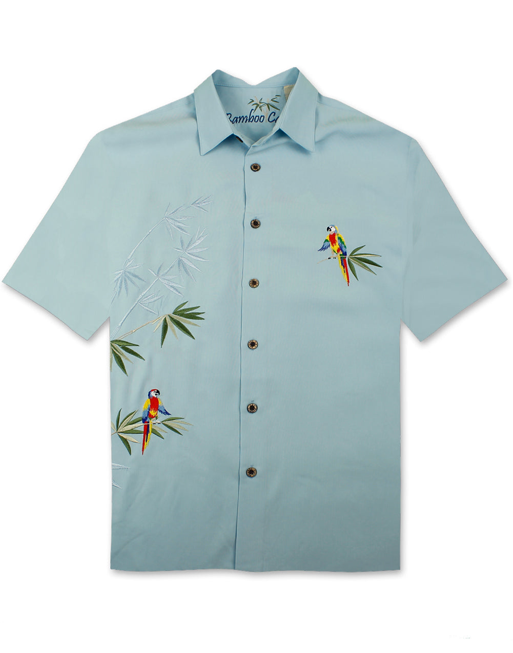 Flying Parrots Embroidered Polynosic Camp Shirt by Bamboo Cay
