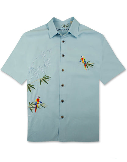 Flying Parrots Embroidered Polynosic Camp Shirt by Bamboo Cay